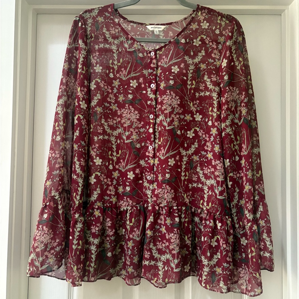 Max Studio Maroon Floral Button-Down Blouse - image 1